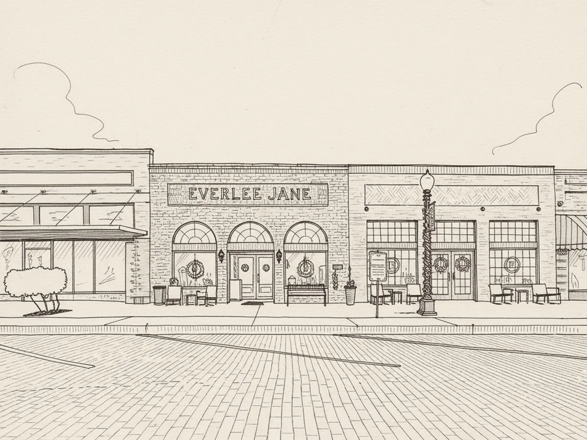 Ink sketch of the Everlee Jane storefront with three arched windows