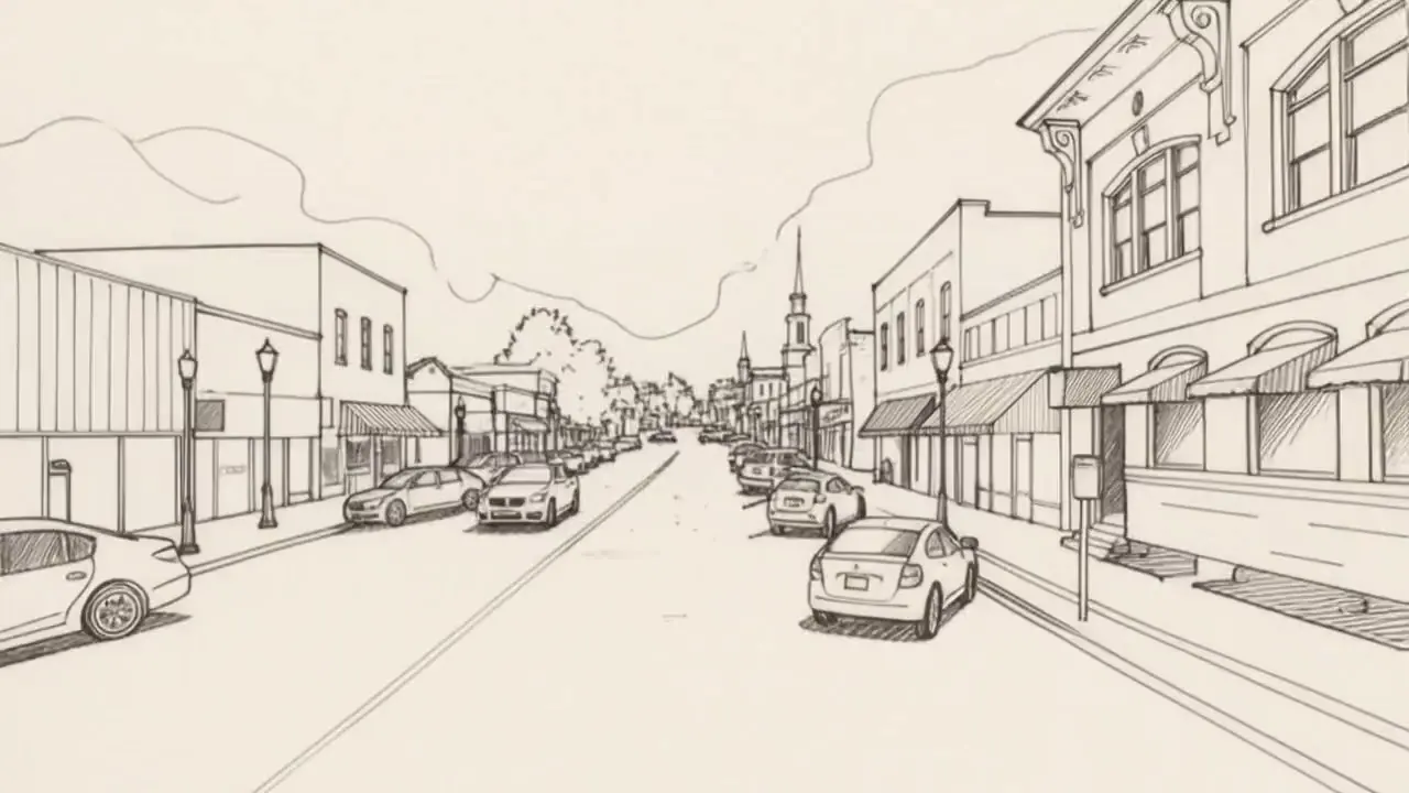 Ink drawing of downtown Mineola, Texas: Main Street ahead, storefronts on both sides