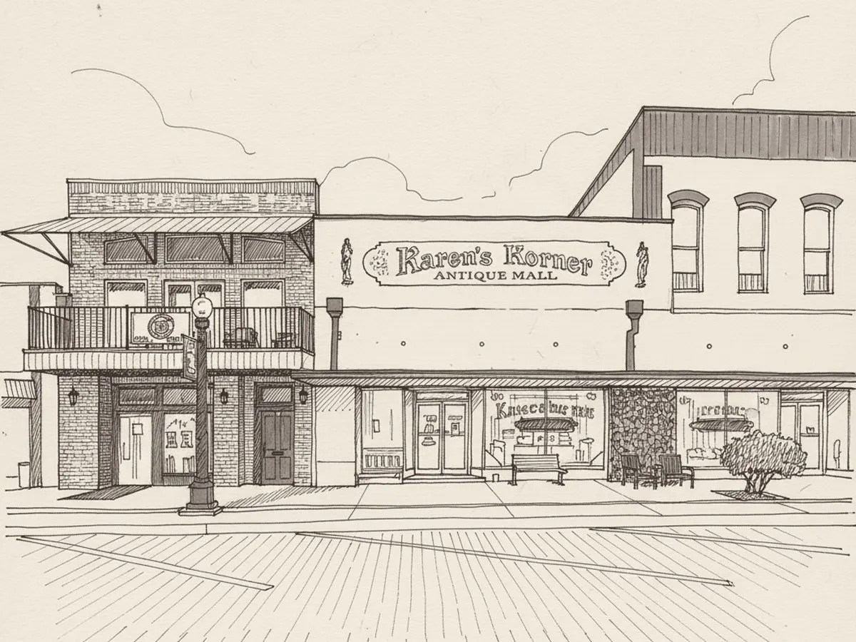 Ink sketch of Karen's Korner Antique Mall in downtown Mineola