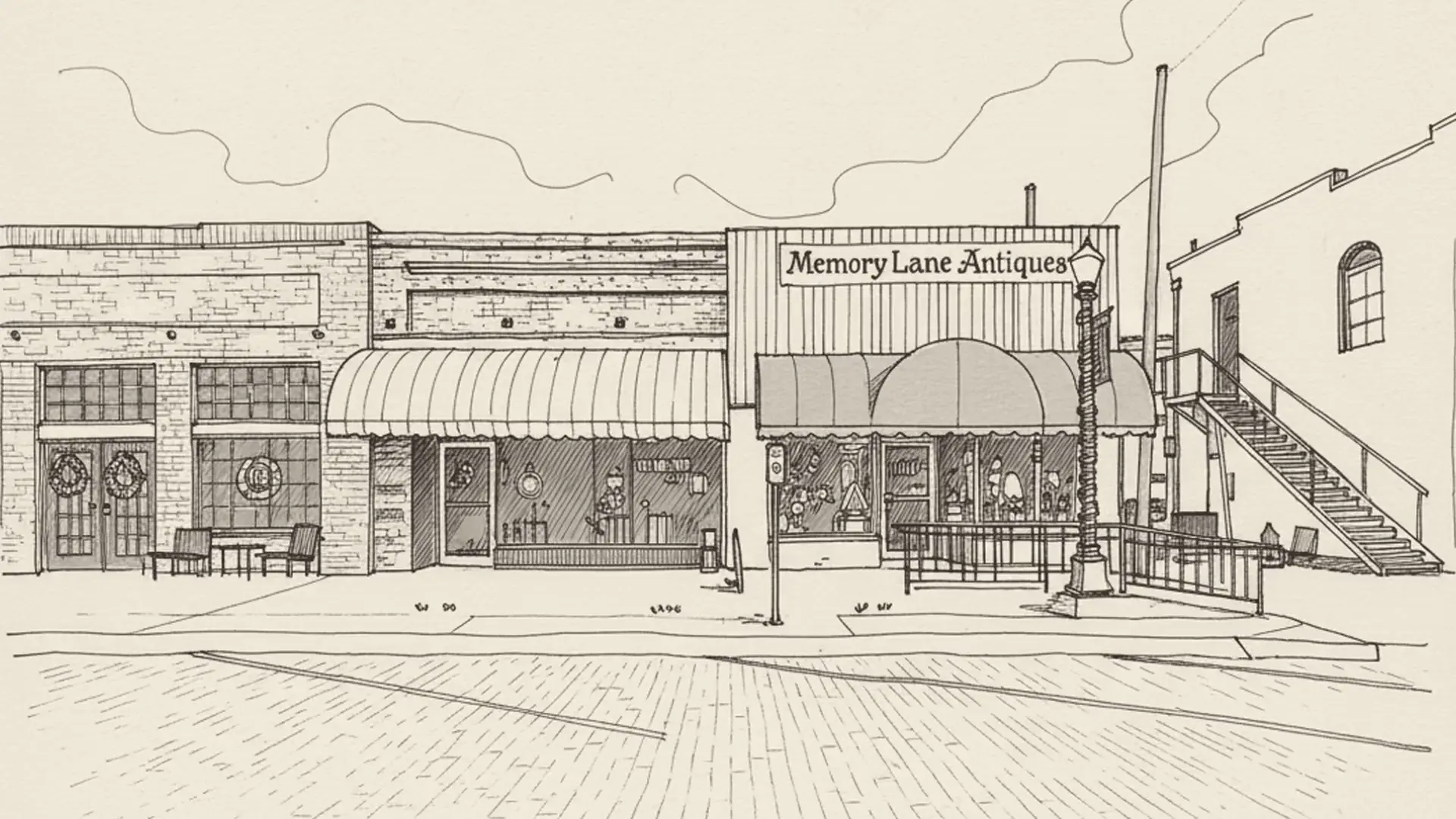 The opening drawing of the Mineola walk: a storefront in ink on paper