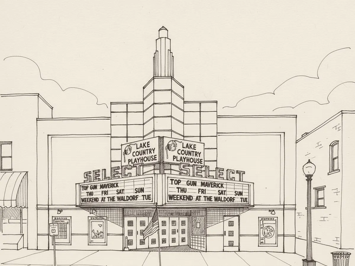 Ink sketch of the Select theater marquee, home of Lake Country Playhouse
